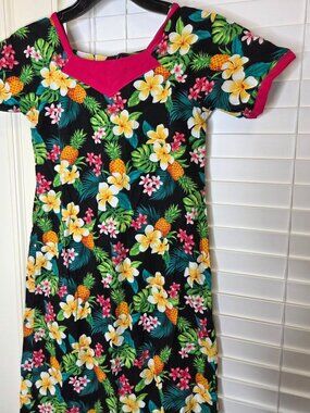 Girls Hawaiian Floral Mumu Maxi Dress Zip Black Yellow floral Custom Made Cotton